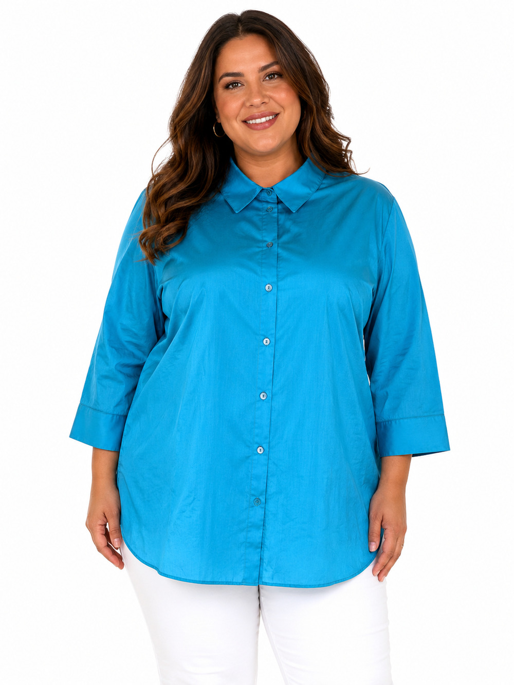 Foxcroft Blue Button Up Shirt 3/4 Sleeve Collar Wrinkle Free Fitted sz 24 W